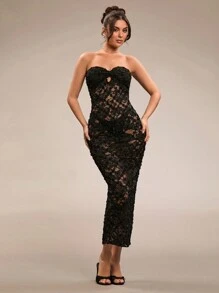 SHEIN BAE Black Lace Jacquard Sheer Dress For Women, Lace Bustier Solid Twist Waist Beach Vacation Fitted Long Dress, Spring/Summer