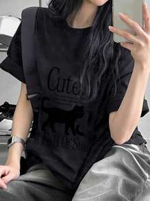 DAZY 女式动物印花宽松短袖圆领长款 T 恤，春夏图案 T 恤 - 深灰色 - 查看 3