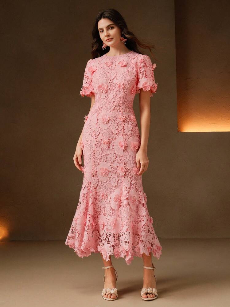 open lace back dress Lace-Trim Satin Floral Maxi Dress