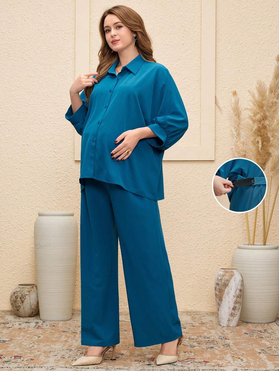 SHEIN 女士纯色蝙蝠袖衬衫和阔腿裤孕妇装两件套 - 藍色 - 查看 1