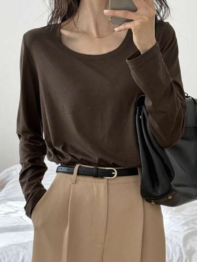 Livesso 女士纯色圆领长袖休闲T恤，秋季服装