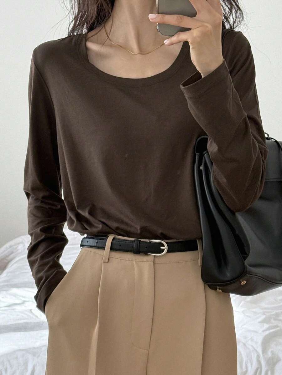 Livesso 女士纯色圆领长袖休闲T恤，秋季服装 - 棕色 - 查看 1