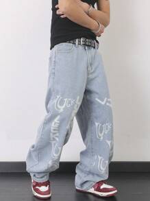 Manfinity EMRG 男士休闲水洗字母印花宽松直筒牛仔裤 - 淺色水洗藍 - 查看 4