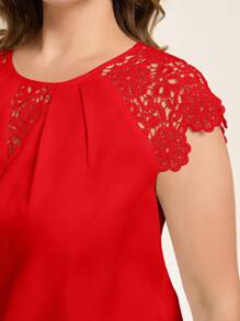 Chikora Plus Size Casual Simple Solid Color Lace Patchwork Blouse, Red Top For Summer