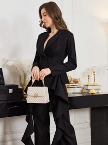 Modelyn Women's Spring/Summer Ruffled Strap Elegant Design Modern Suit Set - Black - View 1