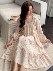 DAZY Women Ditsy Floral Jacket, Strap Nightgown & Pajama Set