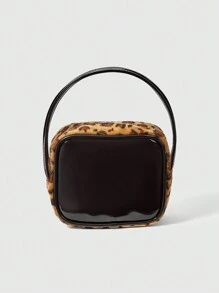 ROMWE Kawaii 1 Pezzo Borsa a mano con stampa leopardata marrone, ricamata con fiocco a coniglio e lettera