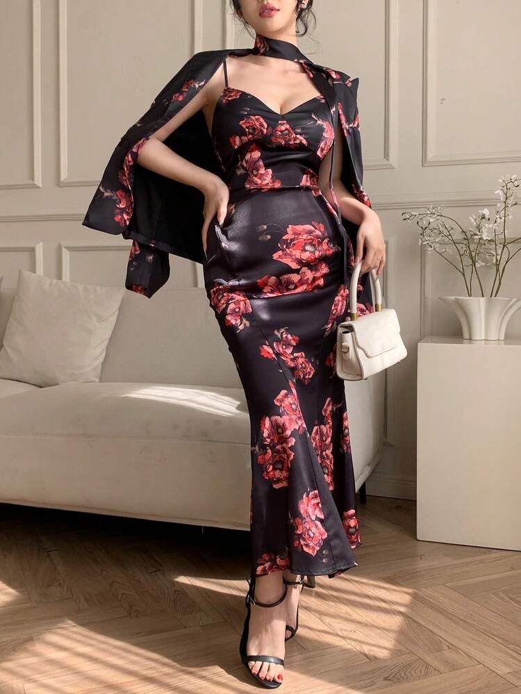 2 Pieces Set: Fully Allover Print Ditsy Floral Rose Pattern Cinched Waist Belt, Corset-Style Suit Cardigan & Spaghetti Strap Mermaid Dress