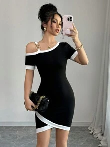 Elenzga Women's Spring/Summer Knitted Elastic Fitted Oblique Shoulder Short Sleeve Color Block Short Hem Black And White Criss-Cross Casual Elegant Dress