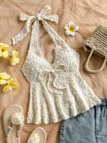 Soleia Women's Resort Knit Dotted Jacquard Textured Halter Tie Waist A-Line Vest, Suitable For Party, Date, Valentine's Day, Afternoon Tea