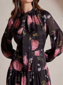 Anewsta Robe évasée à manches longues évasées avec imprimé floral plissé pour femmes, robe ample élégante de mode - Noir - Voir 4