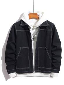 Manfinity Homme 男士休闲牛仔夹克，简约时尚，适合日常穿着 - 黑色 - 查看 1