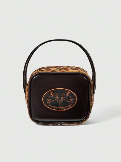 Kawaii 1 Stück braune Leoparden-bedruckte bestickte Hase Schleife & Buchstaben Handtasche