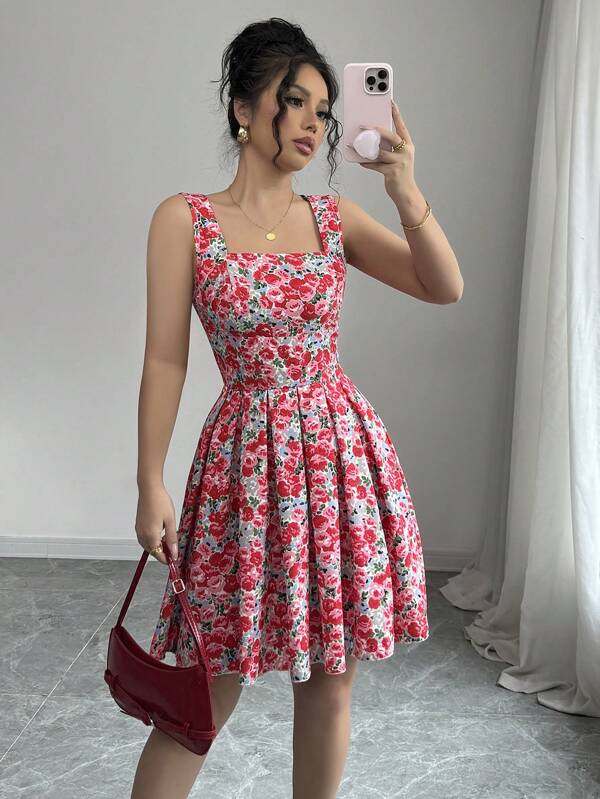 Elenzga Women's Romantic Vacation Wide Neckline A-Line Pleated Rose Ditsy Floral Print Spaghetti Strap Dress, Suitable For Valentine's Day, Spring