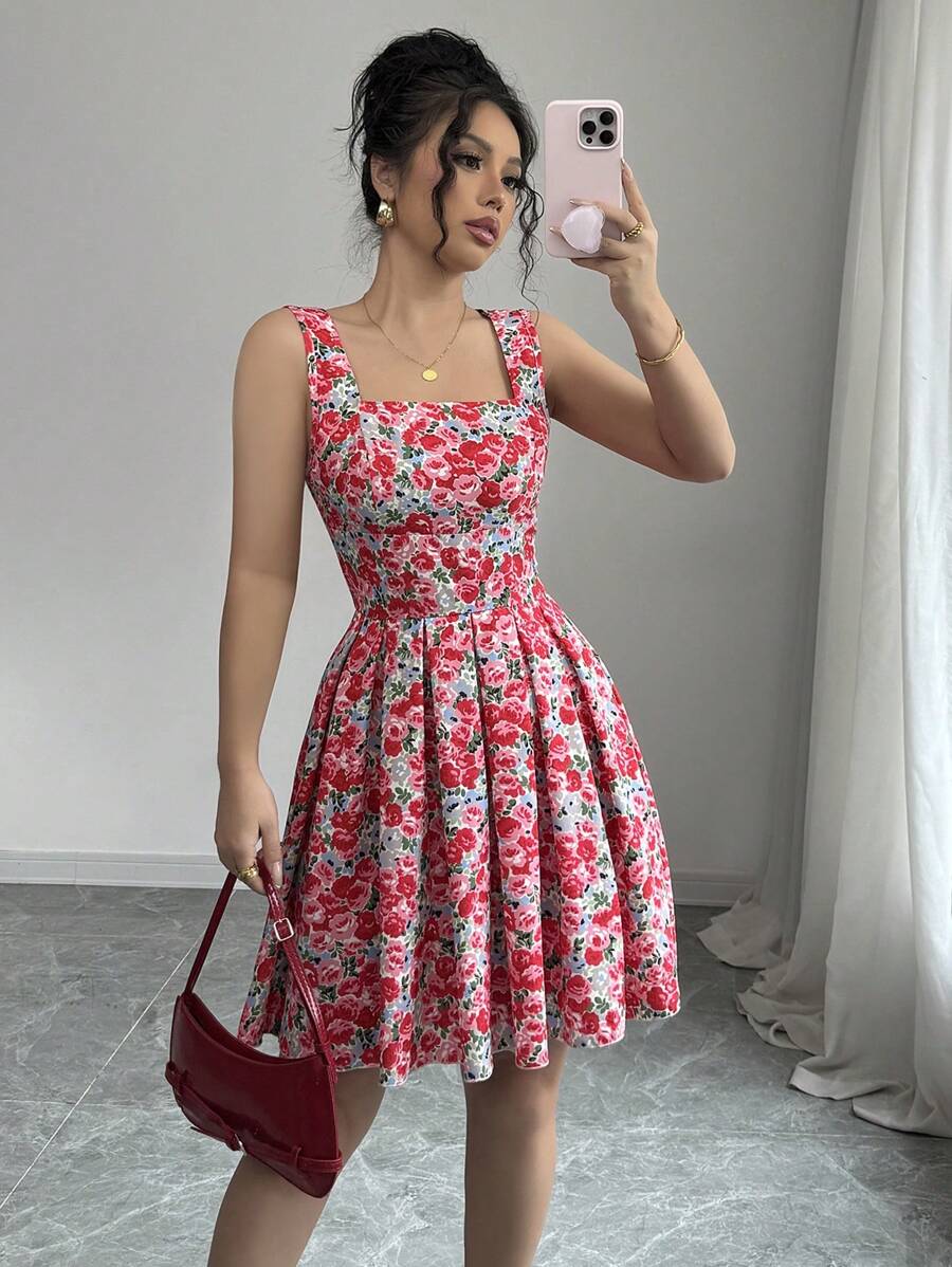 Elenzga 女士浪漫假期宽领口 A 字褶玫瑰碎花印花细肩带连衣裙，适合情人节和春季