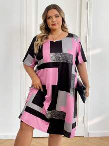 SHEIN CURVE+ Plus Size Women's Asymmetrical Color Block Patterned Splice Print Casual Round Neck Short Sleeve Knee-Length Dress, For Summer