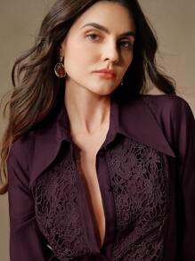 Anewsta Women's Lace Applique Collared Sheer Loose Blouse - Burgundy - View 2
