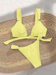 SHEIN 女士黄色 V 形比基尼套装：两件套泳衣，带金色圆环细节 - 黃色 - 查看 5