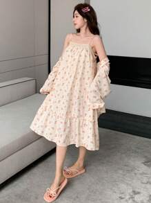 DAZY Women Ditsy Floral Jacket, Strap Nightgown & Pajama Set