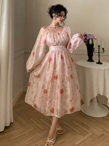 DAZY Vestido floral de gasa con escote cuadrado, mangas farol, cintura recogida y fluido para vacaciones de verano