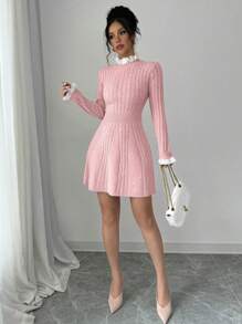 Elenzga Casual Drawstring Ruffle Waist Sweater Dress, Autumn/Winter - Pink - View 3