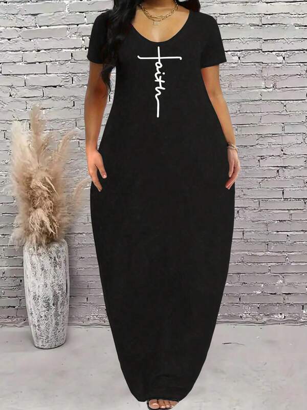 Plus Size Casual Letter Print Round Neck Dress, Summer