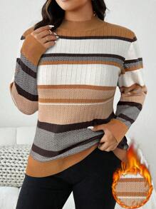 EMERY ROSE Plus Size Knitted Striped Sweater With High Collar For Fall Valentine's Day