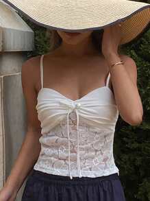 DAZY Vacation Hollow Out Lace Patchwork Drawstring Spaghetti Strap Camisole For Women, Slim Fit - White - View 3