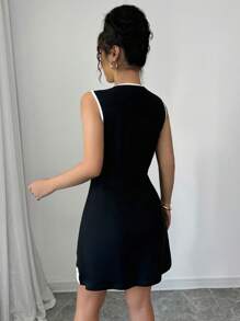 Elenzga 女士春夏针织弹力无袖圆领蝴蝶结 A 字短款休闲优雅黑白连衣裙 - 黑與白 - 查看 2