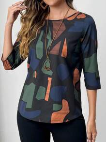 EMERY ROSE 大码女式几何印花圆领 3/4 袖宽松乡村度假衬衫，女士夏季服装 - 彩色 - 查看 1