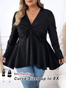 SHEIN CURVE+ Camiseta de mujer de talla grande de cuello en V elegante, de manga larga y cintura ceñida, apta para primavera, verano, otoño e invierno
