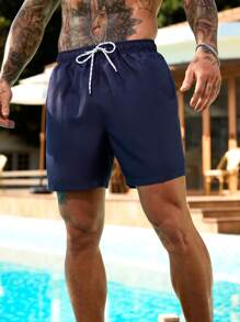 Manfinity Swimmode 男士纯色抽绳口袋沙滩短裤 - 藏蓝色 - 查看 4