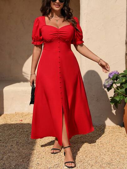 Rometta Vestido elegante de manga corta con abertura hasta el muslo, cuello de corazón y unicolor para tallas grandes