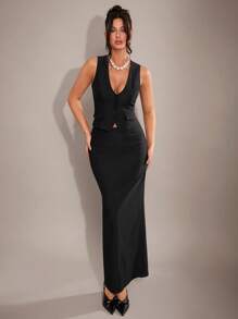 SHEIN BAE Traje de blazer de mujer de color negro sólido, de escote en V sexy, sin mangas y sencillo