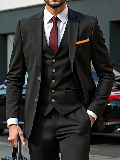  Manfinity Mode 纯色前扣休闲梭织长袖西装外套，男士欧式正式黑色西装外套，伴郎新郎婚礼商务职业西装外套