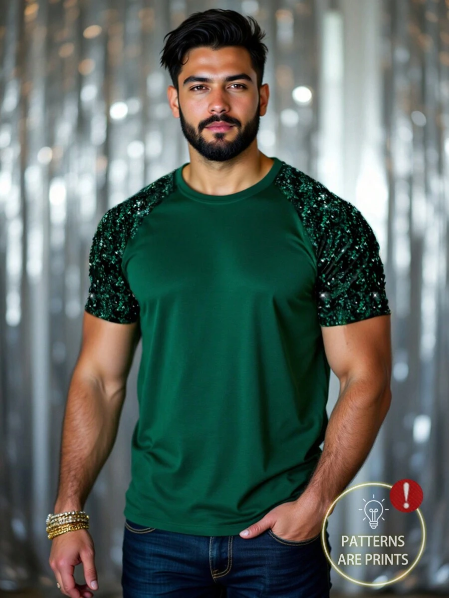 Manfinity VCAY Camiseta verde casual de fiesta con decoración de lentejuelas para hombres, de verano - Verde - Ver 1