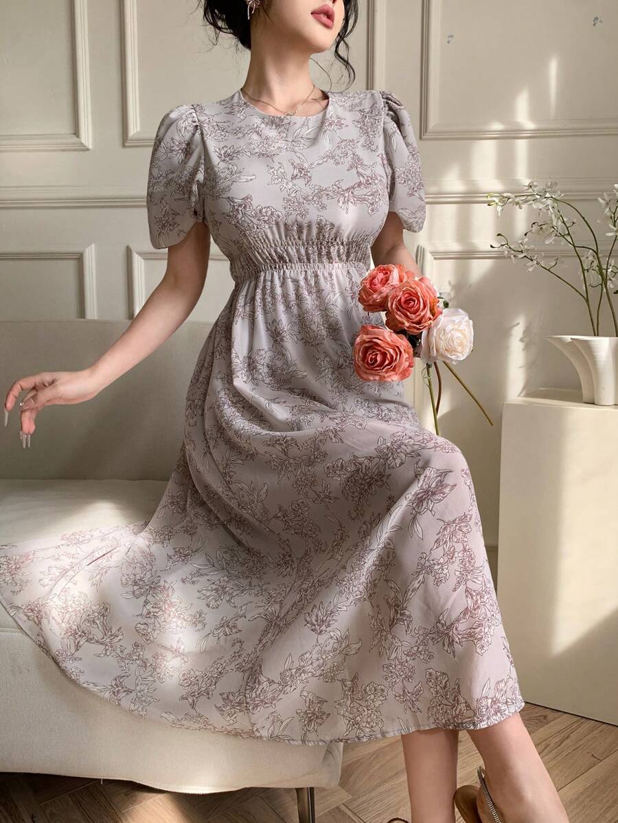 DAZY 夏季假期碎花泡泡袖束腰连衣裙，适合女士，情人节太阳裙 - 粉色 - 查看 1