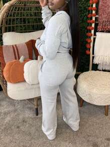 INAWLY Women Plus Size Floral Gray Zip-Up Hoodie Sweatshirt And Drawstring Waist Pocket Straight Leg Sweatpants 2 Pieces Set Fall Cloth For Women - Light Grey - View 2