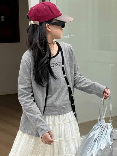 DAZY Tween Girls 2pcs Set: Letter Print Single-Breasted Long Sleeve Jacket & Letter Print Tank Top