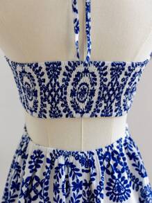 Soleia Đầm nữ màu tương phản hở eo có dây rút gợi cảm cho kỳ nghỉ - Xanh và trắng - Xem 5