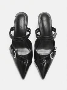 CUCCOO CURVES Plus Size Wide Width Pointed Toe High Heel Pumps, Elegant Black PU Hollow Out Side Buckle Sandals, Suitable For All Seasons Valentine's Day - Black - View 9