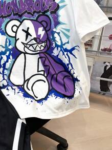 SHEIN Set de 2 piezas para niño adolescente con camiseta de manga corta de estilo suelto y casual con estampado de oso y un short a juego; ropa para primavera; ropa para niños adolescentes; chaquetas para niños adolescentes, de vuelta a la escuela en primavera