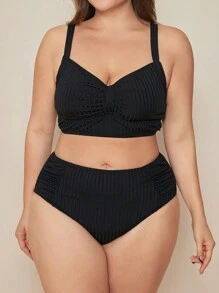 SHEIN Swim Curve Conjunto de bikini de tela acanalada de talla grande con tirantes ajustables, informal para la playa y uso diario, verano