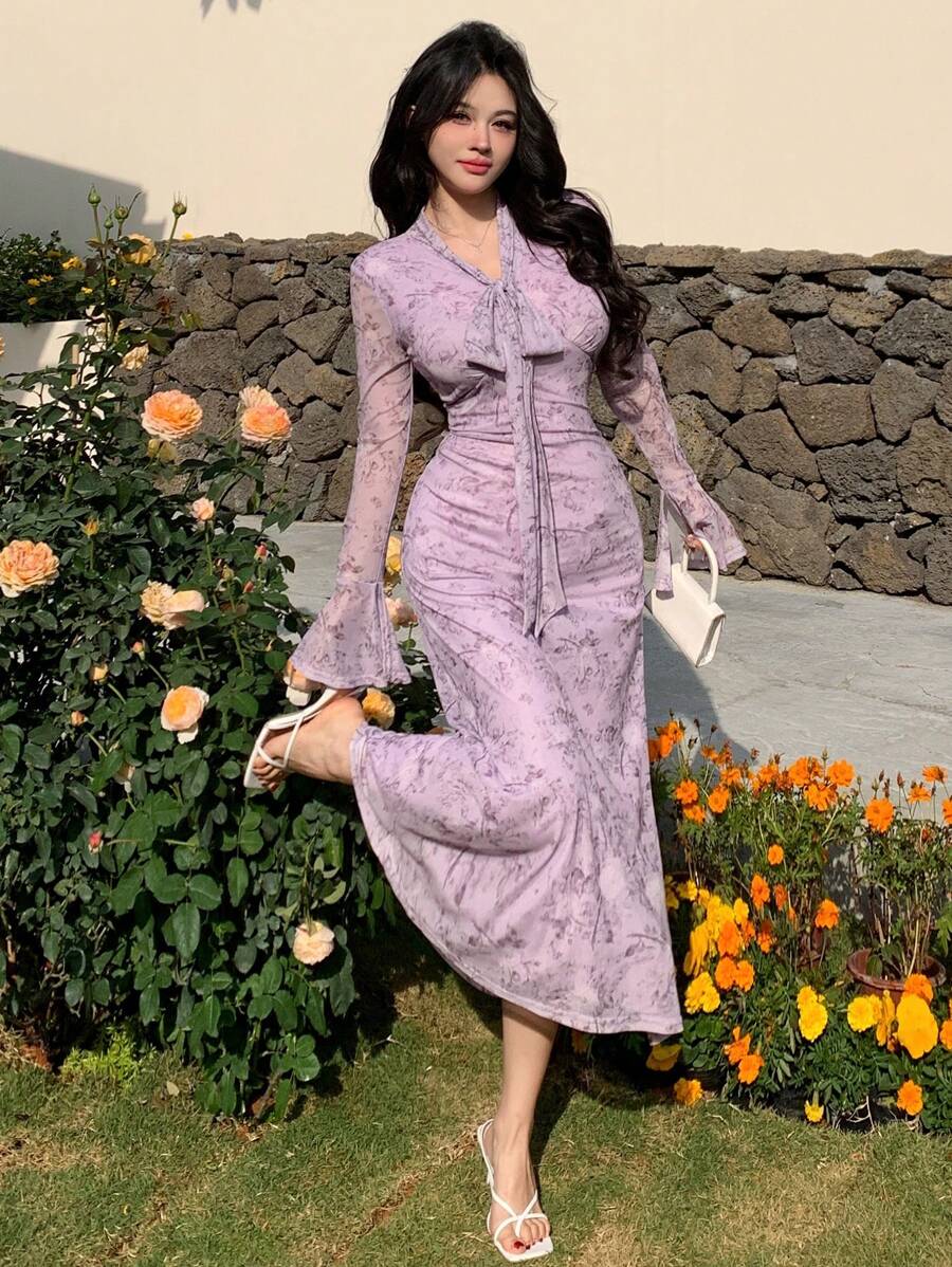 DAZY Women All-Over Floral Print Tie-Wrap Midi Dress,Ruffle - Blue - View 1