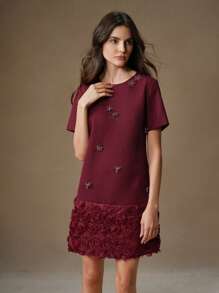 Anewsta Women's Red Round Neck Short Patchwork Rose Sequin Dress, Party Wear & New Year Eve Dress - Burgundy - View 3