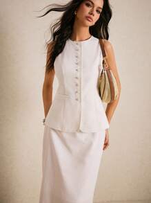 Poéselle Summer Linen Vest And Skirt Two-Piece Set For Women, Old Money Style Sleeveless Buttoned Top, Beach Skirt, Women's Pencil Skirt, White Two-Piece Set, Casual Wear, Comfortable Fabric, Breathable And Soft, Office Women's Clothing, Daily Vacation Wear, Beach Vacation Clothing