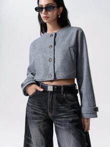SHEIN EZwear Áo khoác nữ cổ tròn cài nút phía trước hàng ngày, mùa thu - Xám - Xem 3