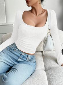Chiquease Women's Plain Solid Color Long Sleeve Top, Casual Everyday Wear