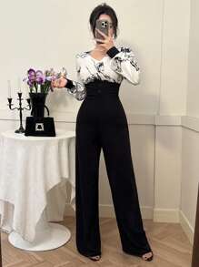 DAZY Mono con pierna ancha de rayon con estampado floral y contraste de color para mujer