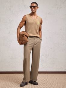 AKNOTIC Business Casual 男士卡其色花卉刺绣提花针织无袖休闲背心，适合春夏季日常穿着和度假 - 卡其色 - 查看 4